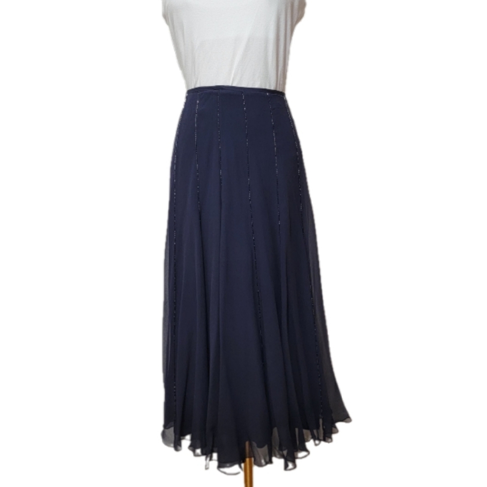 Vintage 100% Silk Bedaded Navy Blue Louise Kennedy Skirt Size 10